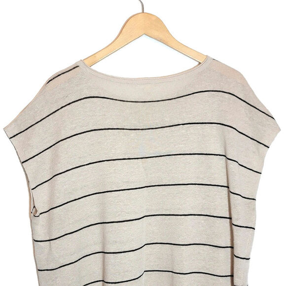 Eileen Fisher Linen Striped Top Short Sleeve Hi Low Loose Fit Tan & Black Small - Picture 12 of 16